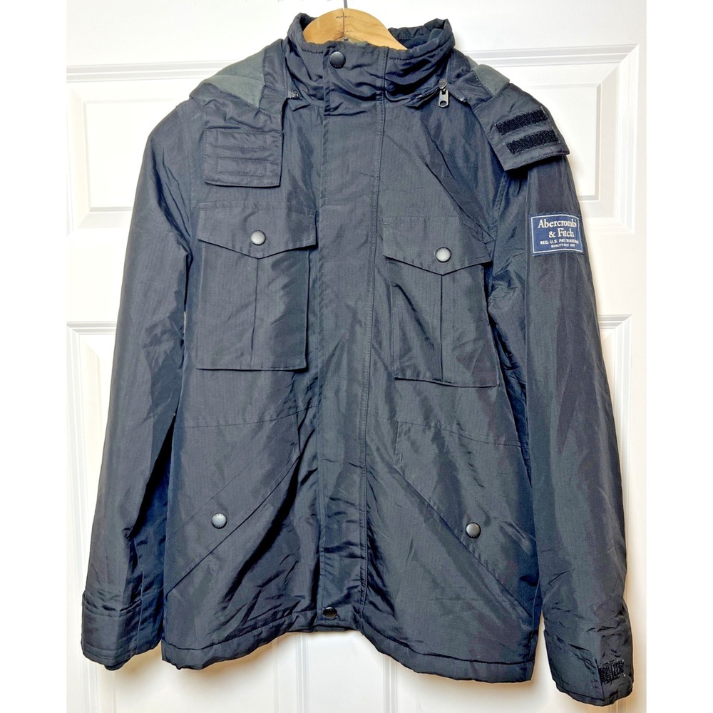 Abercrombie & Fitch Rain Jacket XS Black Fleece‎ Lined Zip Off Hood Waterproof
